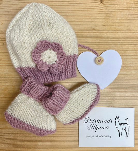 Luxury hand knitted alpaca Hugg Hat and Bootie set